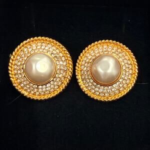 Vintage Chanel Faux Pearl Crystal Gold Tone Clip On Earrings France
